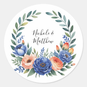 Orangene und kobaltblaue florale Hochzeit Runder Aufkleber