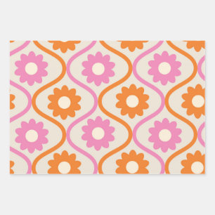 Orangene und rosa Blumen auf vintage Ogee  Geschenkpapier Set