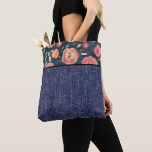 Orangene und rosa Blumen und Jeansstoff Tasche