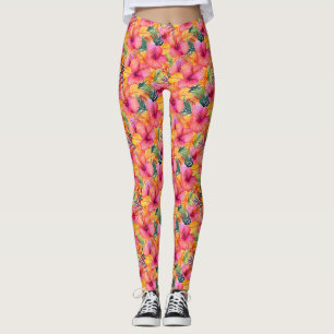 Orangene und rosa Hibiskusblüte mit grünen Blätter Leggings