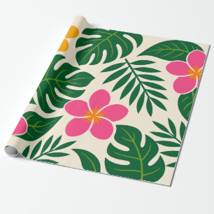Orangene und rosa tropische Blumen mit grünen Blät Geschenkpapier