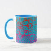 Orangene violette Blumen und blauer Hintergrund Tasse (Links)
