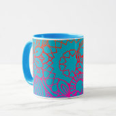 Orangene violette Blumen und blauer Hintergrund Tasse (Vorderseite Links)