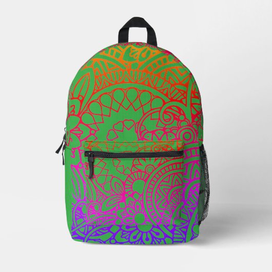 Orangene violette Blumen und hellgrüner Hintergrun Bedruckter Rucksack (Vorderseite)