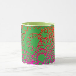 Orangene violette Blumen und hellgrüner Hintergrun Tasse