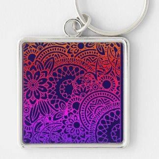 Orangene violette Blumen und marineblauer Hintergr Schlüsselanhänger