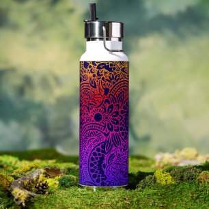 Orangene violette Blumen und marineblauer Hintergr Trinkflasche