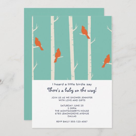 Orangene Vögel auf der Birch Tree Babydusche Einladung (Vorne/Hinten)