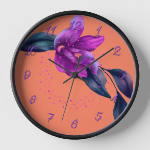 Orangene Wanduhr mit violetter Orchidee