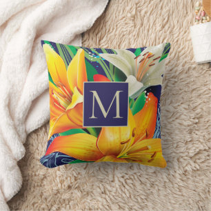 Orangene weiße Lilien Floral Navy Blau Monogramm Kissen