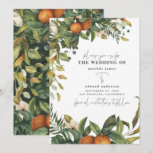 Orangene Zitrus-Aquarell-Botanik-Hochzeit Save The Date (Vorne/Hinten)
