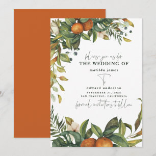 Orangene Zitrus-Aquarell-Botanik-Hochzeit Save The Date