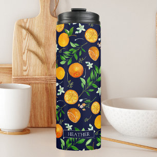 Orangene Zitrus-Sommer-Blumen-Botanikmuster Thermosbecher