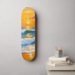 Orangener Meer Sonnenuntergang Aquarell Ozeanwelle Skateboard