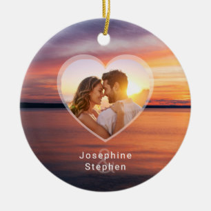 Orangener Sonnenuntergangs-Herz-Paar-Foto und Name Keramik Ornament