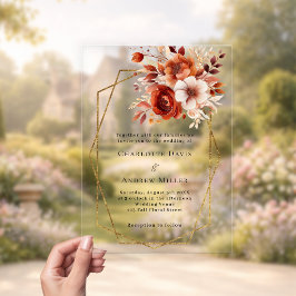 Orangenflorale Goldfarben, geometrische Hochzeit Acryleinladungen