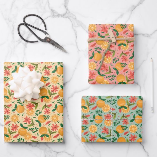 Orangenfrucht und Blume Muster Geschenkpapier Set (Vorderseite)