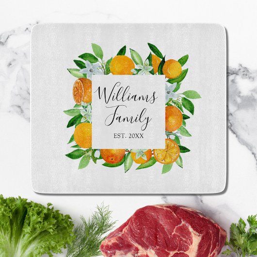 Orangenfrüchte und Blume Sommer Blütenpflanzliche Schneidebrett