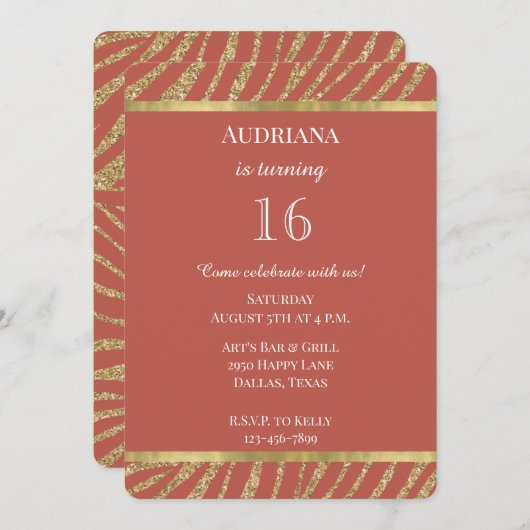 Orangengewürze Gold Glitzer Zebra Einladung (Vorne/Hinten)