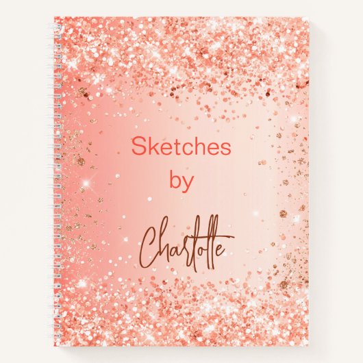 Orangenheft-Rose Gold Glitzer Namenskript Notizblock (Vorderseite)