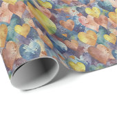 Orangenpinke, blaugelbe Herzen Geschenkpapier (Rolleneckpunkt)