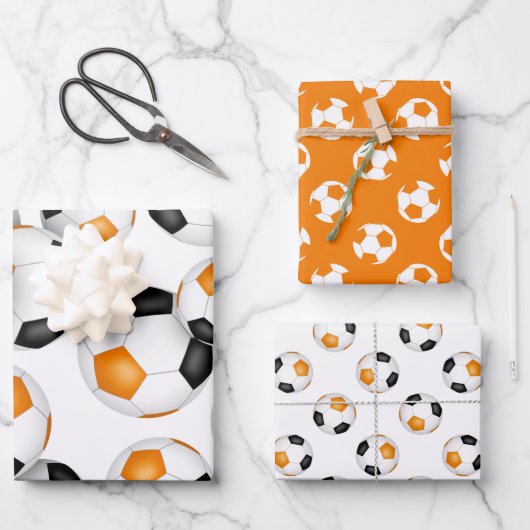 Orangenschwarze Mannschaftsfarben Fußball 3 pc-Var Geschenkpapier Set (Vorderseite)