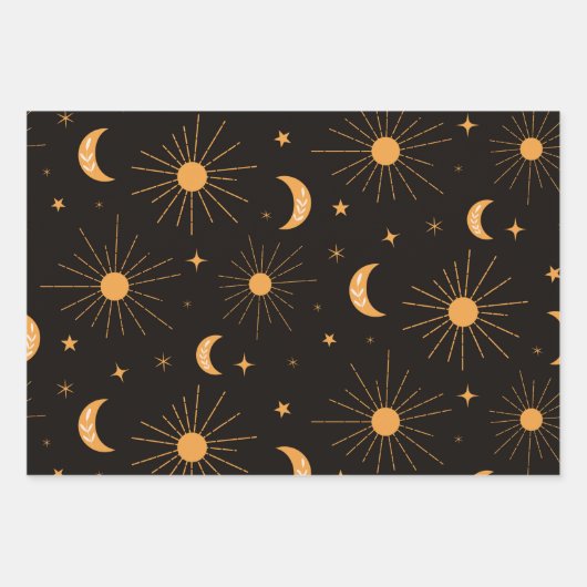 Orangensonne und Mondmuster Geschenkpapier Set (Vorderseite)