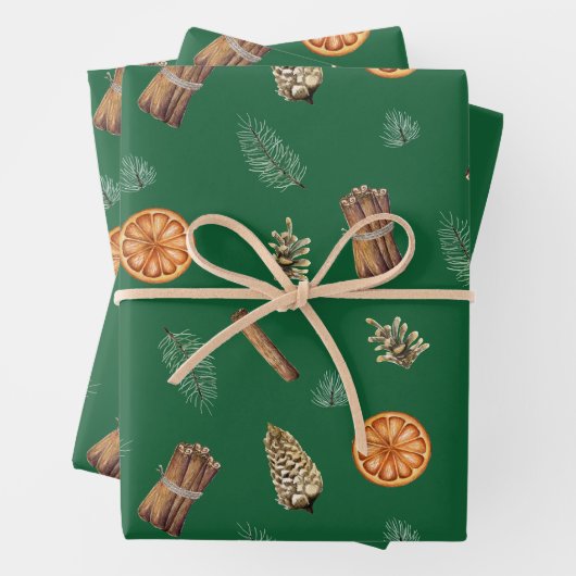 Orangenweich, Kiefer, Pinecones Grün Geschenkpapier Set (Beispiel)