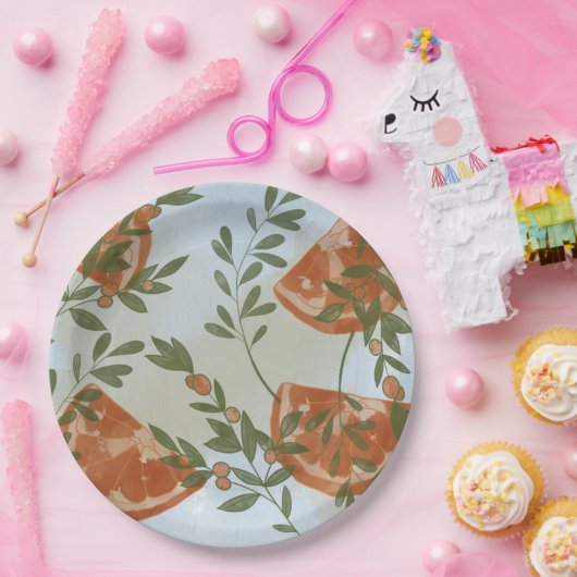 Orangenzitrus und Grünpflanzen Pappteller (Party)