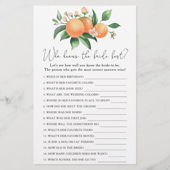 Orangenzweig - Wer kennt das beste Spiel der Braut (Vorderseite)