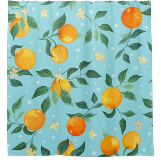 Orangenzweige mit Blume auf blauem Untergrund Duschvorhang (Vorderseite)