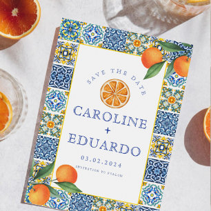 Oranger Blaue Fliese Mittelmeer-Hochzeit QR-Code Save The Date