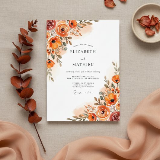 Oranger Blumenmalerei-Hochzeit Einladung