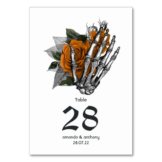 Oranger Blumenskelett-Gotische Hochzeit Tischnummer (Vorderseite)