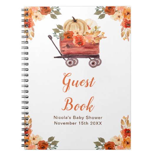 Oranger Blumiger Kürbiswagen Baby Shower Gästebuch Notizblock (Vorderseite)