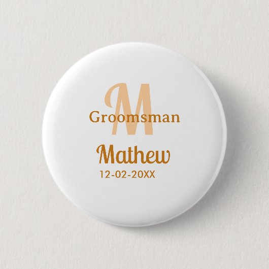 Oranger Brautführer-Name Buchstabe Datum männlich  Button (Vorderseite)