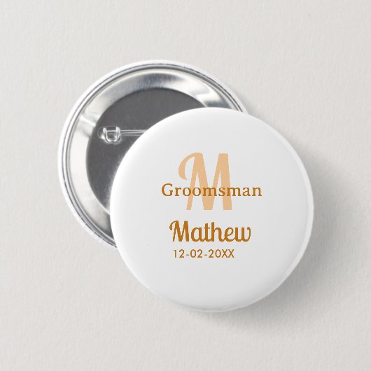 Oranger Brautführer-Name Buchstabe Datum männlich Button (Vorne & Hinten)