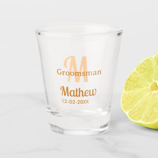 Oranger Brautführer-Name Buchstabe Datum männlich Schnapsglas (Vorderseite)