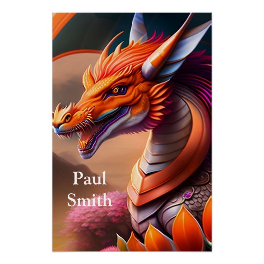 Oranger Drache, fantasievolle Digital Art Poster (Vorderseite)