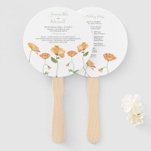 Oranger Fächer mit floralem Hochzeitsprogramm (Vorne und Hinten)
