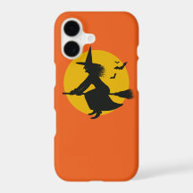 Oranger Halloween-Handyhülle mit fliegender Hexe
