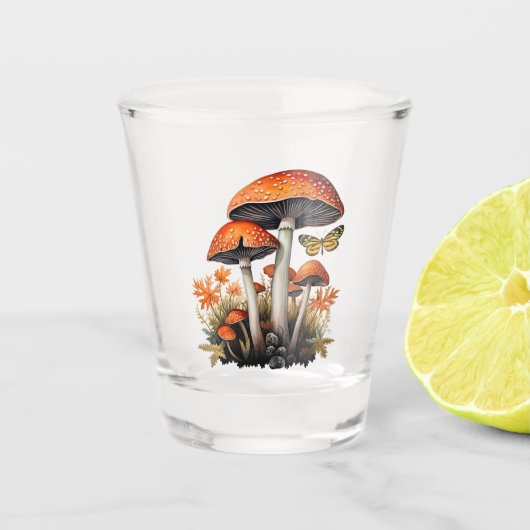 Oranger Herbstwaldpilze Schnapsglas (Vorderseite)