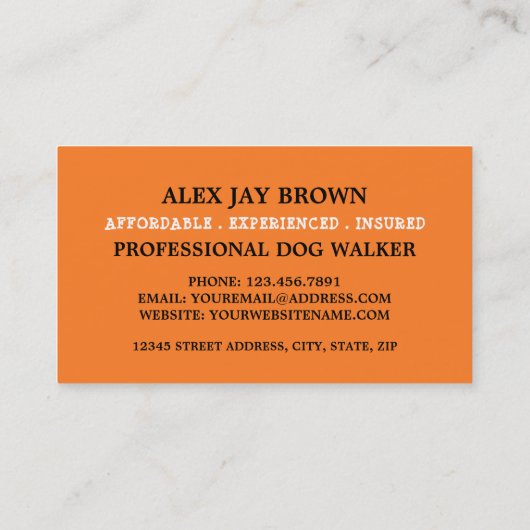 Oranger Hund mit Knochen, Dog Walker Service Visitenkarte (Rückseite)