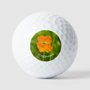 Oranger Klatschmohn auf grünem Foto mit Namen Golfball