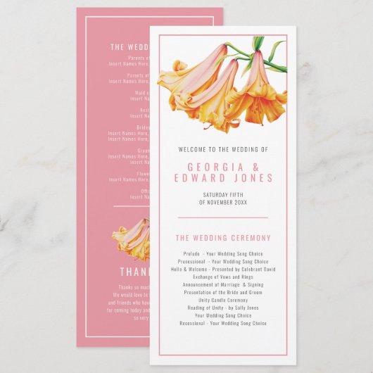 Oranger Korallilien-Wasserfarben-Blumen-Hochzeit Programm (Vorne/Hinten)