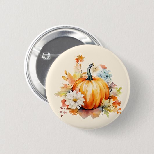 Oranger Kürbis und Blumen Herbst Button (Vorne & Hinten)