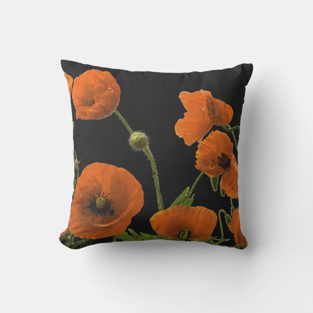 Oranger Mohnblumen-Blumen-Abstrakt Schwarz Kissen (Vorderseite)