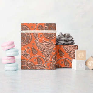 Oranger Paisley-Damask-Blumenmuster Ethnisch Geschenkpapier