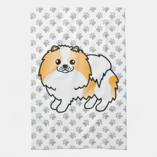 Oranger Parti-Farben Pomeranian Cartoon Hund & Pfo Geschirrtuch