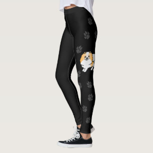 Oranger Parti-Farben Pomeranian Cartoon Hund & Pfo Leggings